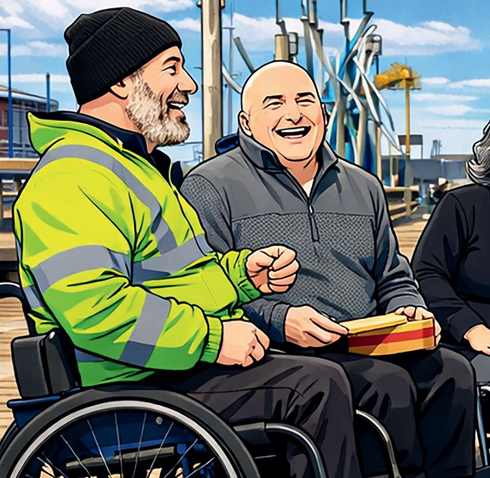 Rollstuhlfahrer am Hafen